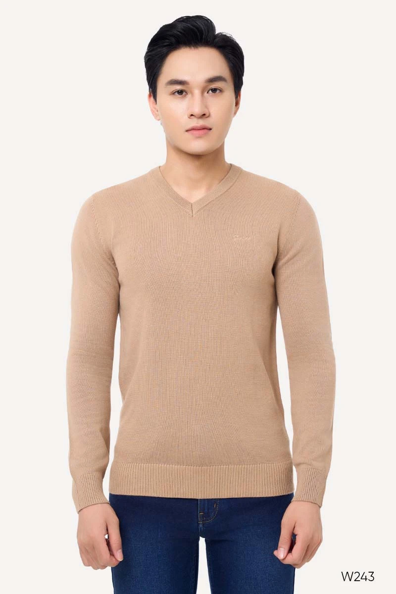 Áo len cổ tim màu nâu nhạt W243